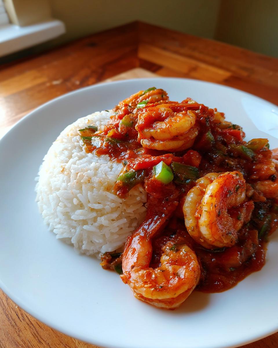 A close-up of a serving of flavorful shrimp creole served over a mound of white rice on a white plate.