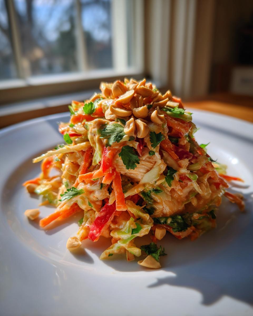A vibrant mound of thai chicken salad featuring shredded carrots, cabbage, and a creamy dressing, topped with chopped peanuts.
