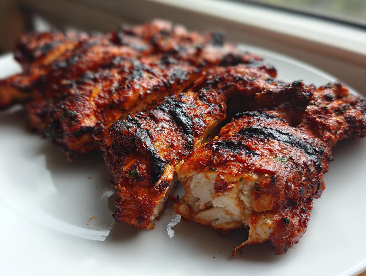 Close-up of perfectly grilled Pollo Asado pieces showing white, flaky meat inside a rich, red, charred marinade.