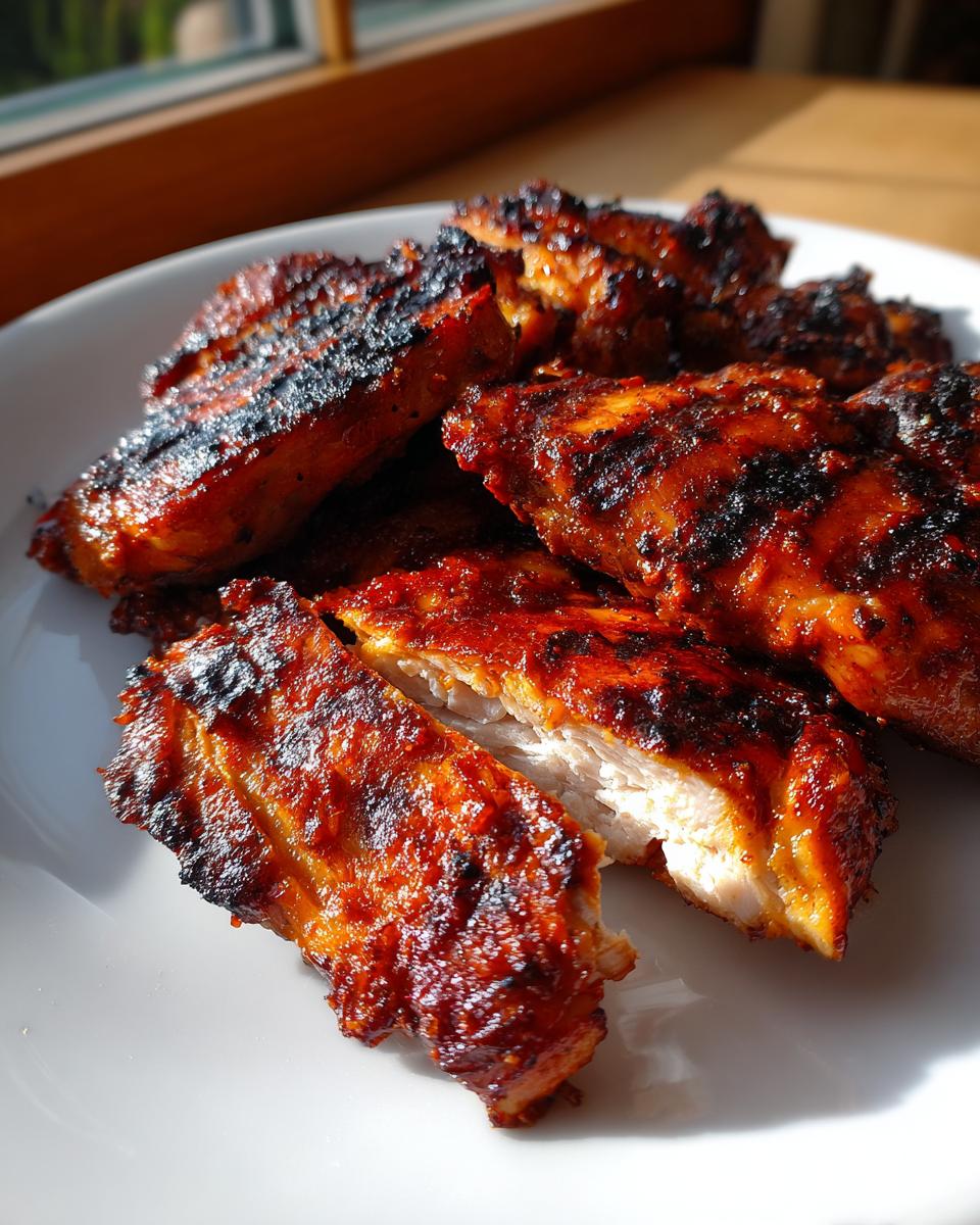 Close-up of sliced Pollo Asado pieces showing juicy white meat and a richly colored, charred exterior.