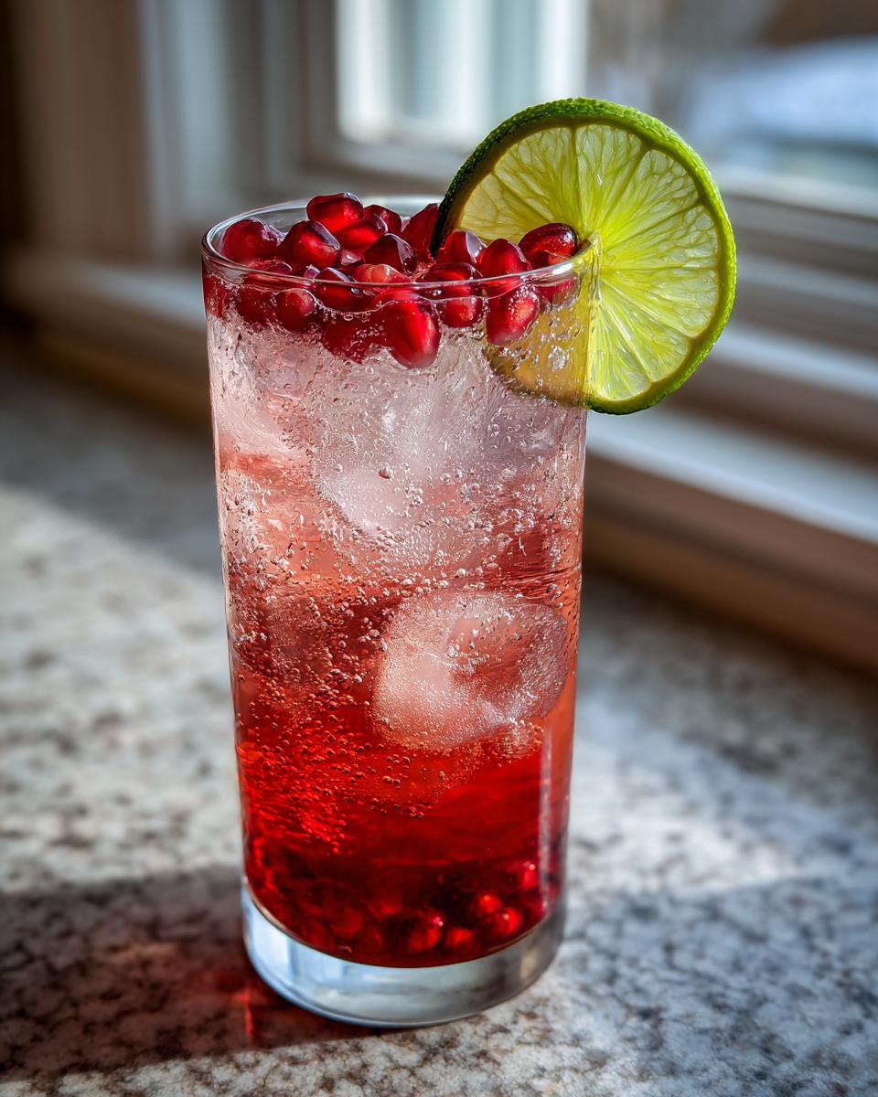 A tall glass filled with a bubbly red Pomegranate Spritz, ice, and topped with fresh pomegranate seeds and a lime wheel.