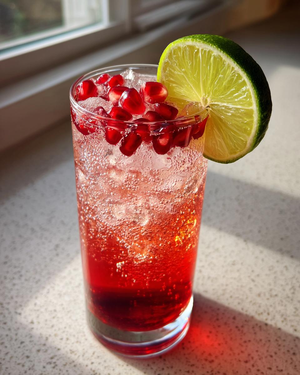 A tall glass filled with a vibrant red Pomegranate Spritz, ice, pomegranate seeds, and a lime wheel garnish.