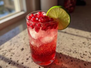 Close-up of a fizzy red Pomegranate Spritz cocktail filled with ice and topped with fresh pomegranate seeds and a lime wheel.