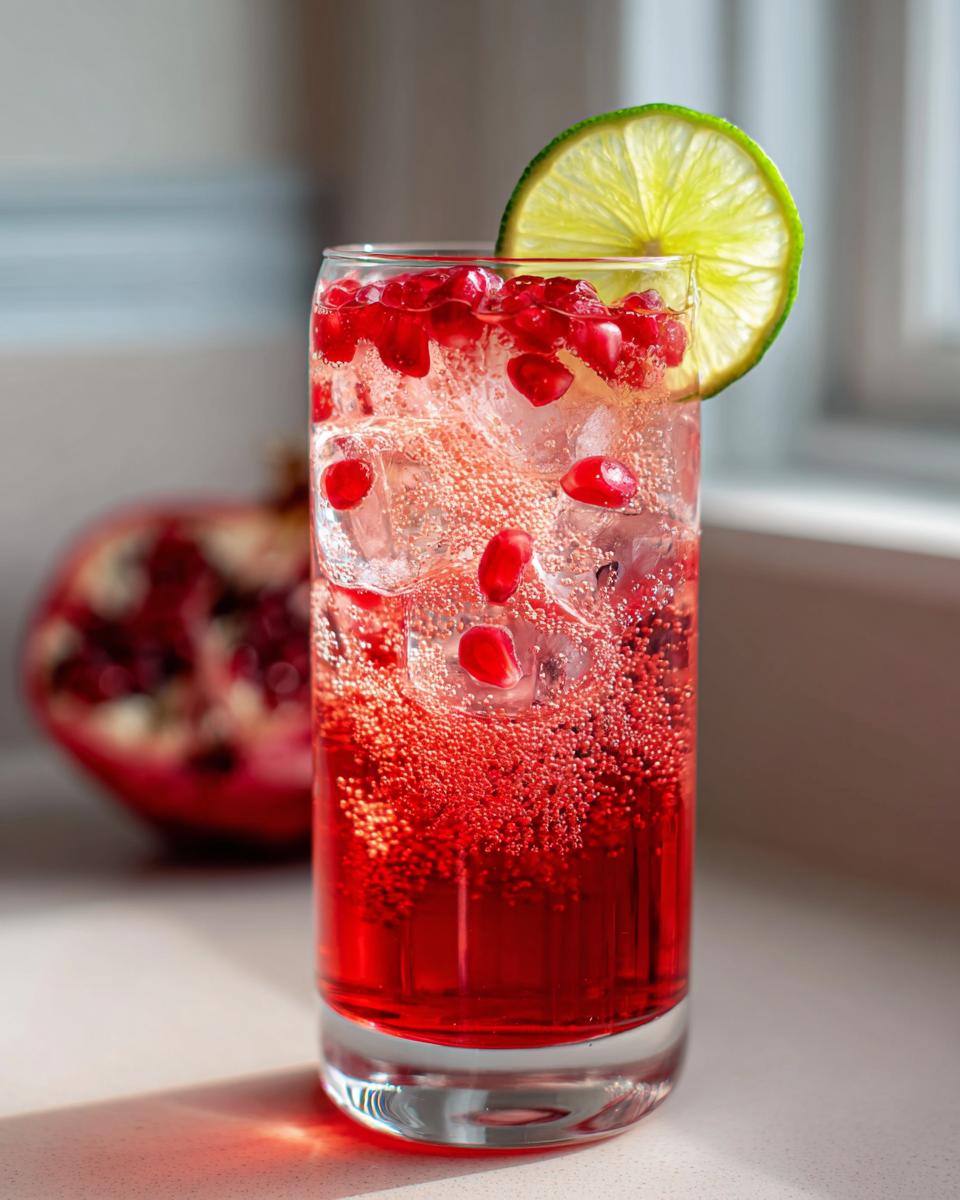 Close-up of a tall glass filled with a vibrant red Pomegranate Spritz, ice, and arils, garnished with a lime slice.