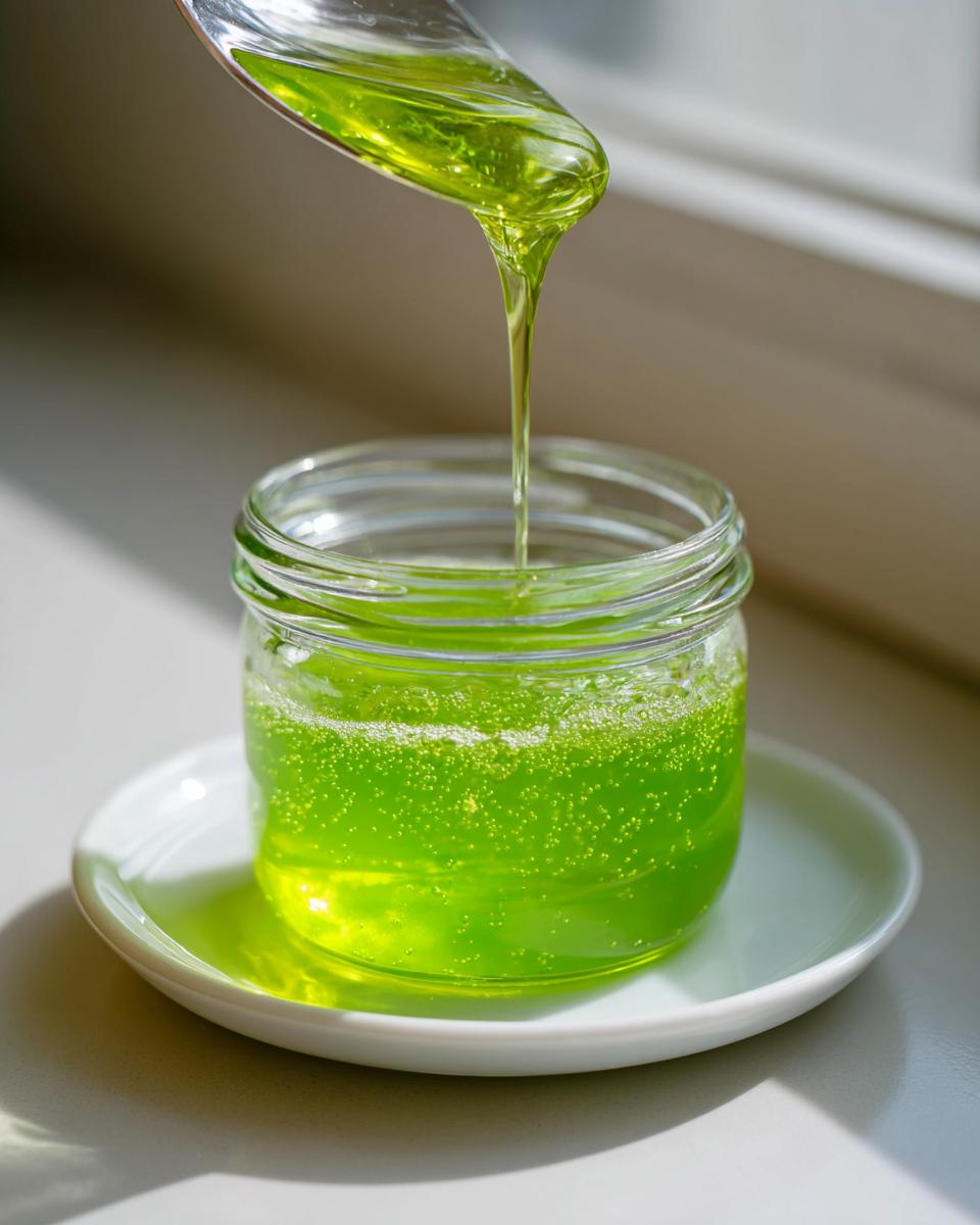 A spoonful of vibrant, thick Green Apple Syrup is being poured into a small glass jar.