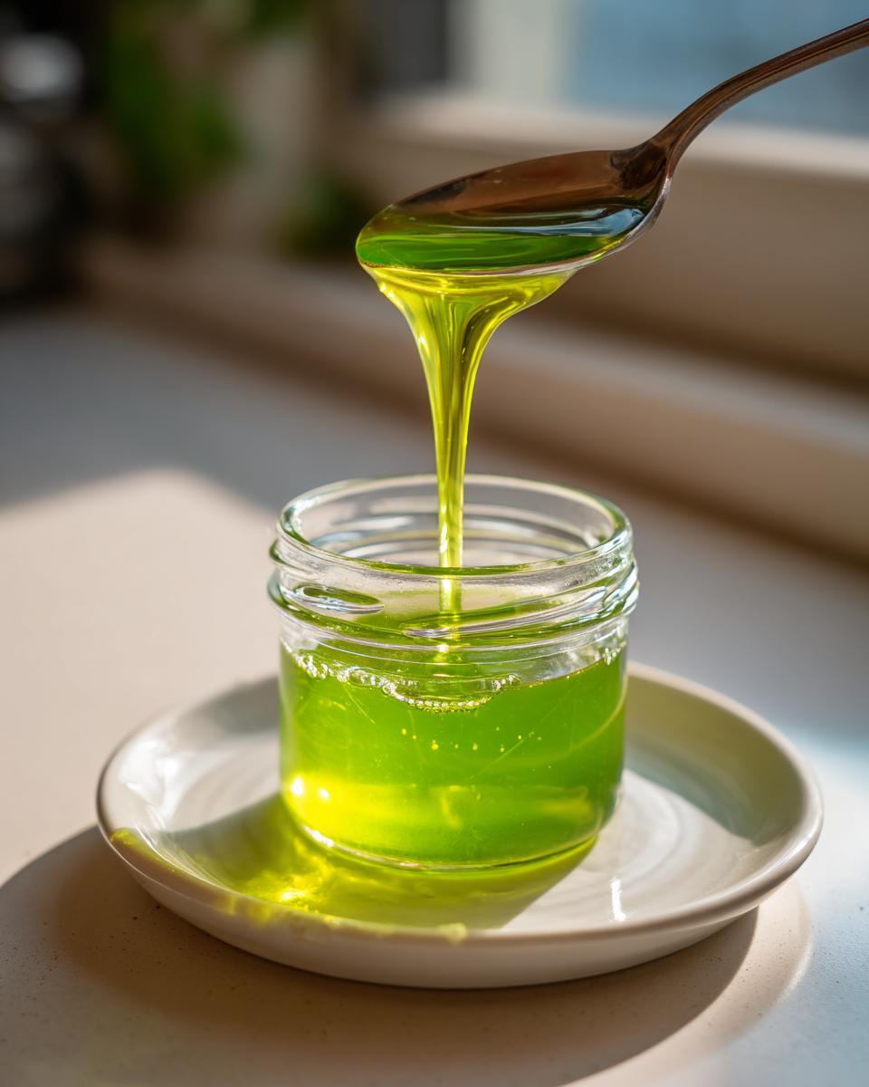 A spoonful of viscous, bright green Apple Syrup is being poured into a small glass jar.