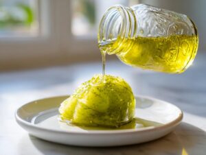 A thick stream of bright yellow-green Green Apple Syrup is poured from a mason jar onto a dessert on a white plate.