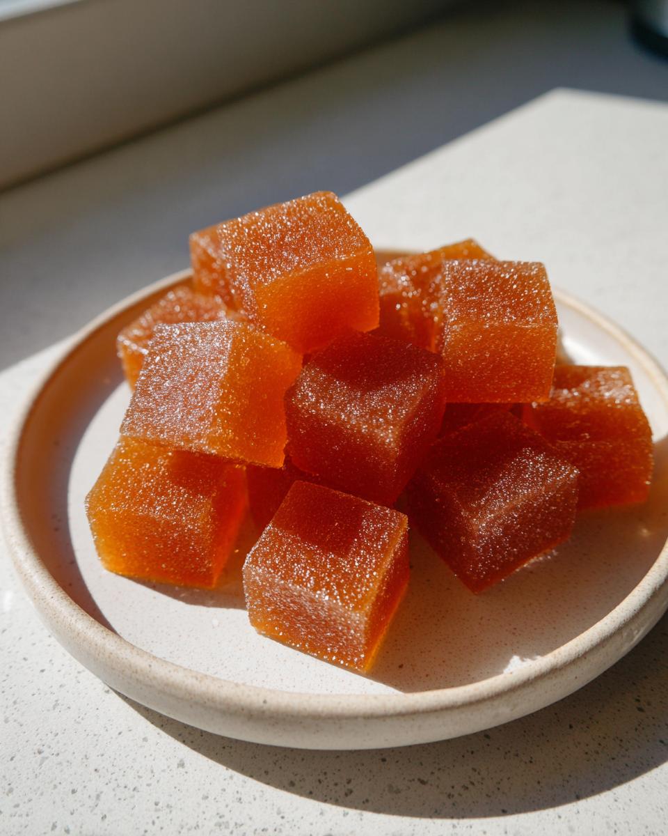 A stack of glistening, amber-colored Probiotic Gummy Jello bites resting on a small, light-colored ceramic plate.
