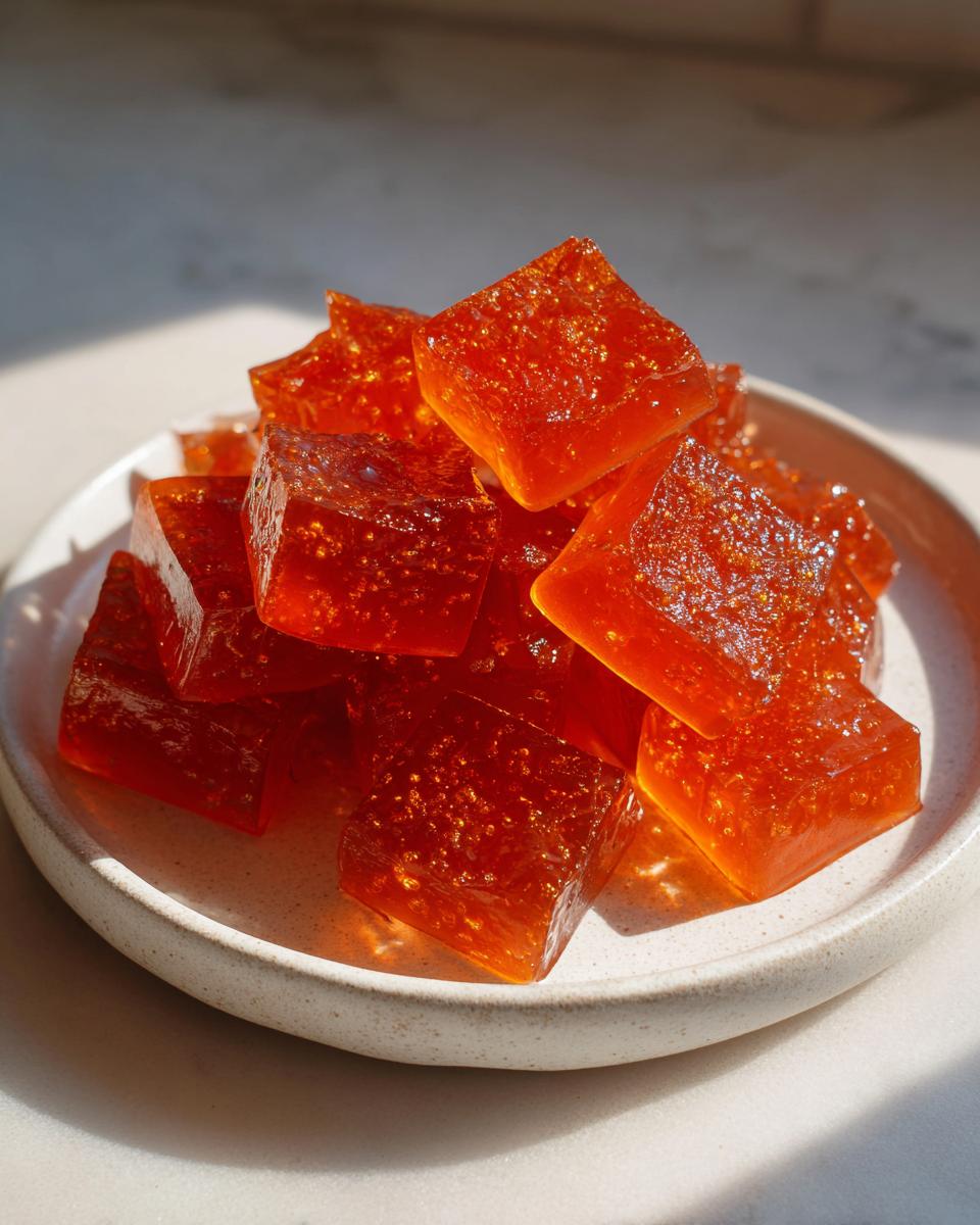 A pile of translucent, bright orange Probiotic Gummy Jello bites cut into squares, resting on a light ceramic plate.