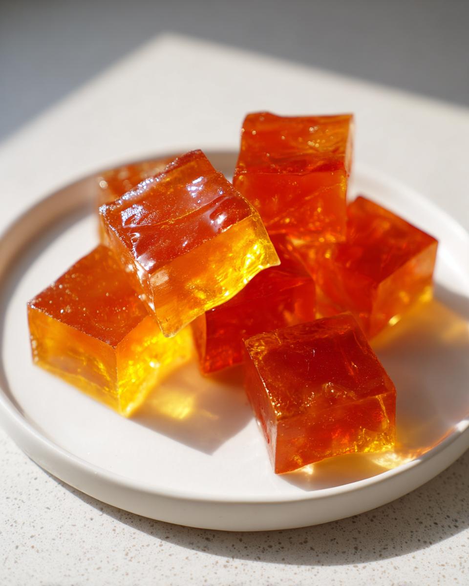 A small pile of translucent, amber-orange Probiotic Gummy Jello cubes resting on a white plate.