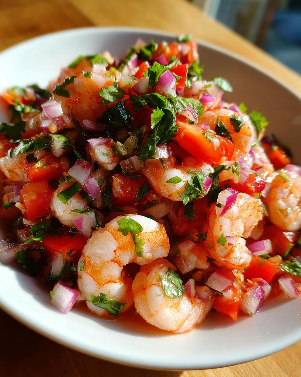 Close-up of bright, fresh Shrimp Ceviche featuring plump shrimp, diced red onion, tomato, and cilantro in a white bowl.