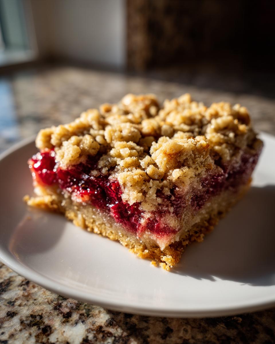 A single square of rich raspberry crumble cookies bar with a thick, buttery crust and topping.