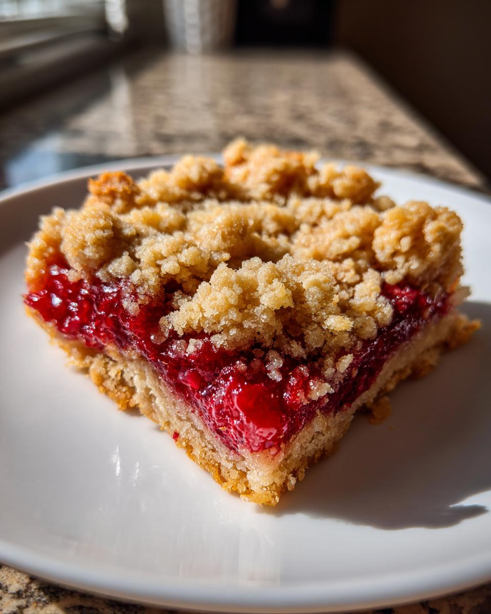 A single square of raspberry crumble cookies bar showing a thick layer of bright red raspberry filling beneath a golden, crumbly topping.