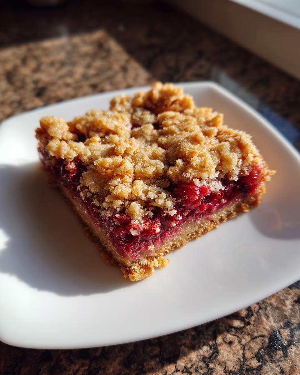 A square slice of raspberry crumble cookies bar showing a thick layer of bright red raspberry filling beneath a buttery crumble topping.