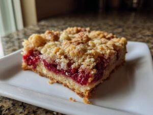 A close-up of a single square of raspberry crumble cookies bar showing a thick layer of bright red raspberries and a golden crumb topping.