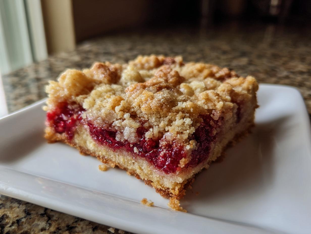 A close-up of a single square of raspberry crumble cookies bar showing a thick layer of bright red raspberries and a golden crumb topping.