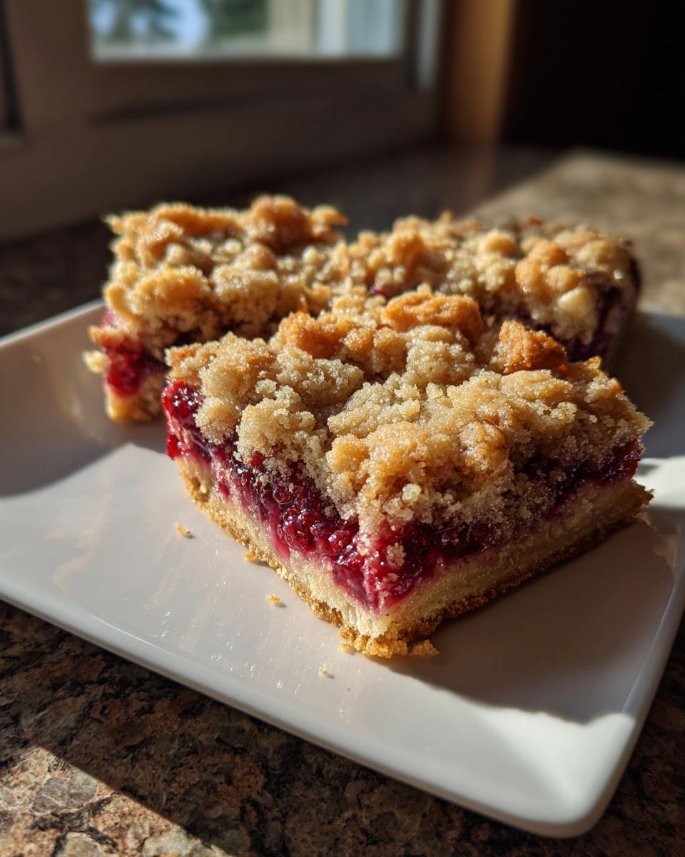 Two squares of rich raspberry crumble cookies bars with a thick, crumbly topping served on a white plate.