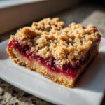 Close-up of a single serving of raspberry crumble cookies bar showing the thick, bright red raspberry filling and buttery crumble topping.