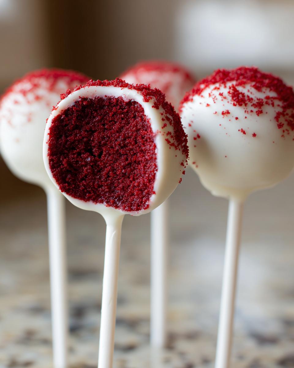 Close-up of red velvet cake pops dipped in white chocolate, one cut open to show the deep red interior.