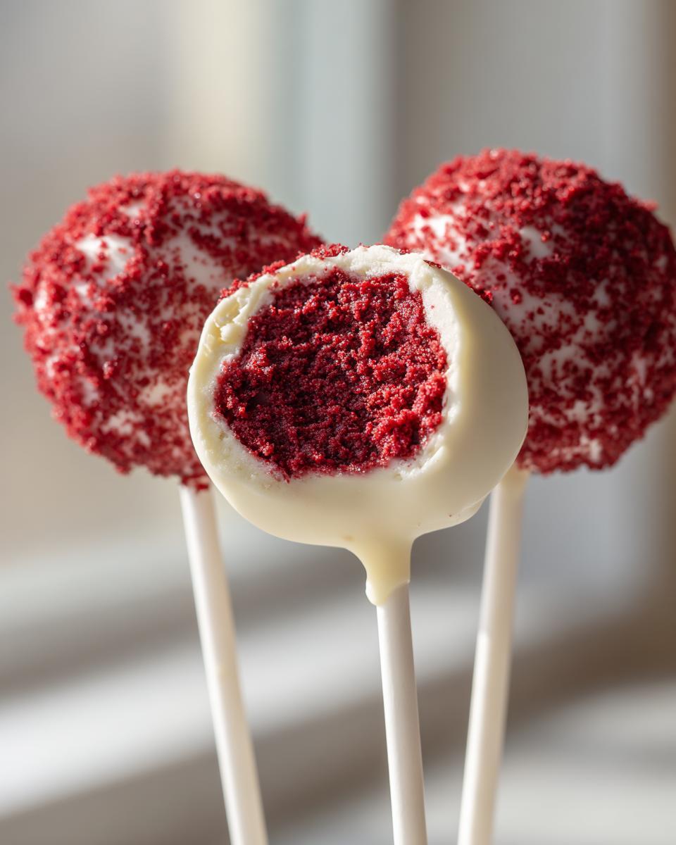 Three red velvet cake pops, one cut open showing the rich red interior, coated in white chocolate and red crumbs.