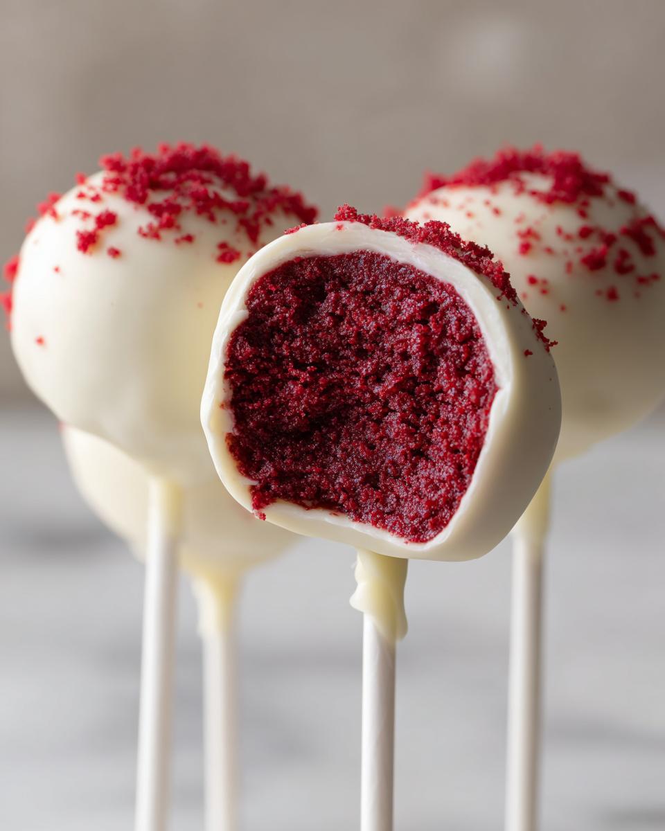 Close-up of red velvet cake pops dipped in white chocolate, one cut open to show the rich red interior.