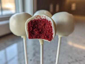 Close-up of one of the red velvet cake pops cut in half, revealing the vibrant red interior coated in white chocolate.