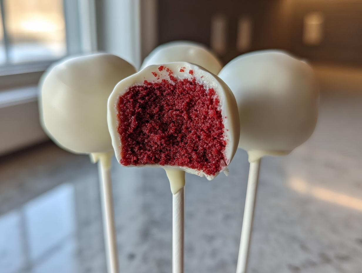 Close-up of one of the red velvet cake pops cut in half, revealing the vibrant red interior coated in white chocolate.