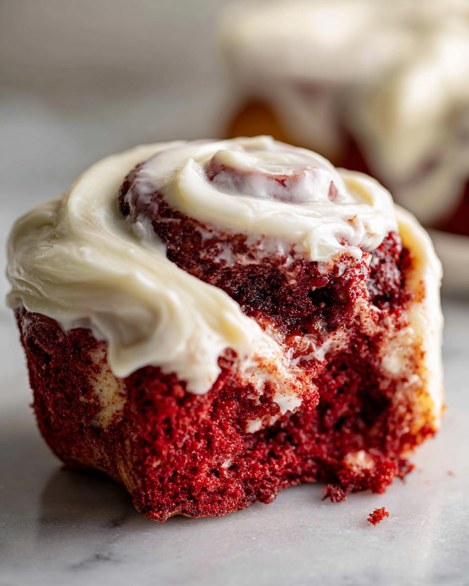 A close-up shot of a moist, bright red velvet cinnamon rolls with a thick layer of cream cheese frosting, showing a bite taken out.