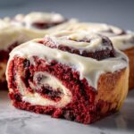 A close-up, cross-section view of a decadent red velvet cinnamon roll topped with thick cream cheese frosting.
