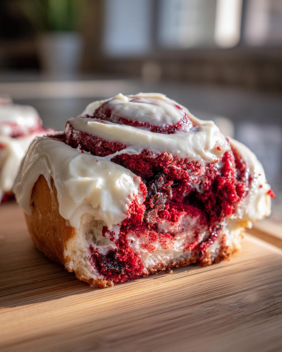 A close-up shot of a freshly baked red velvet cinnamon rolls with thick cream cheese frosting, showing the vibrant red swirl inside.