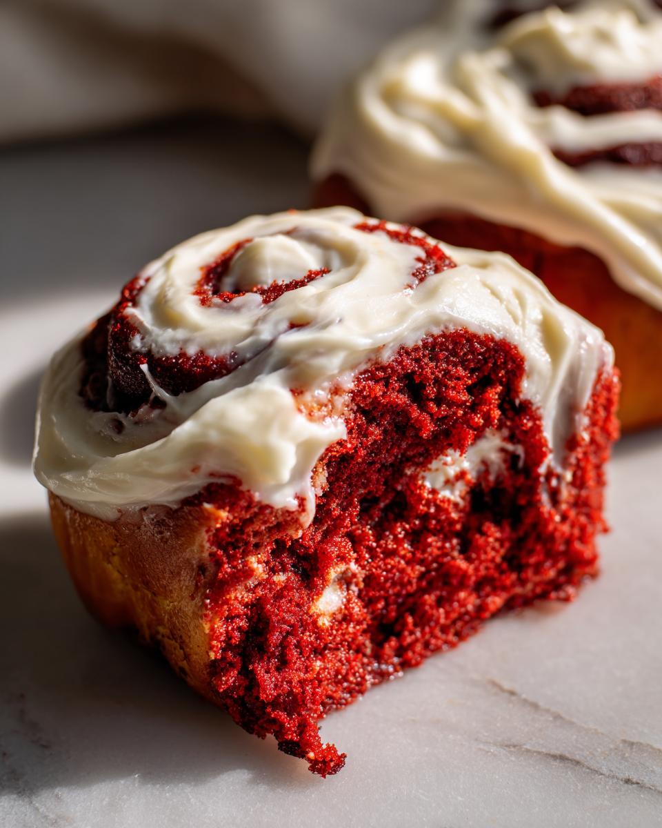 Close-up of a delicious red velvet cinnamon rolls with a bite taken out, covered in thick cream cheese frosting.