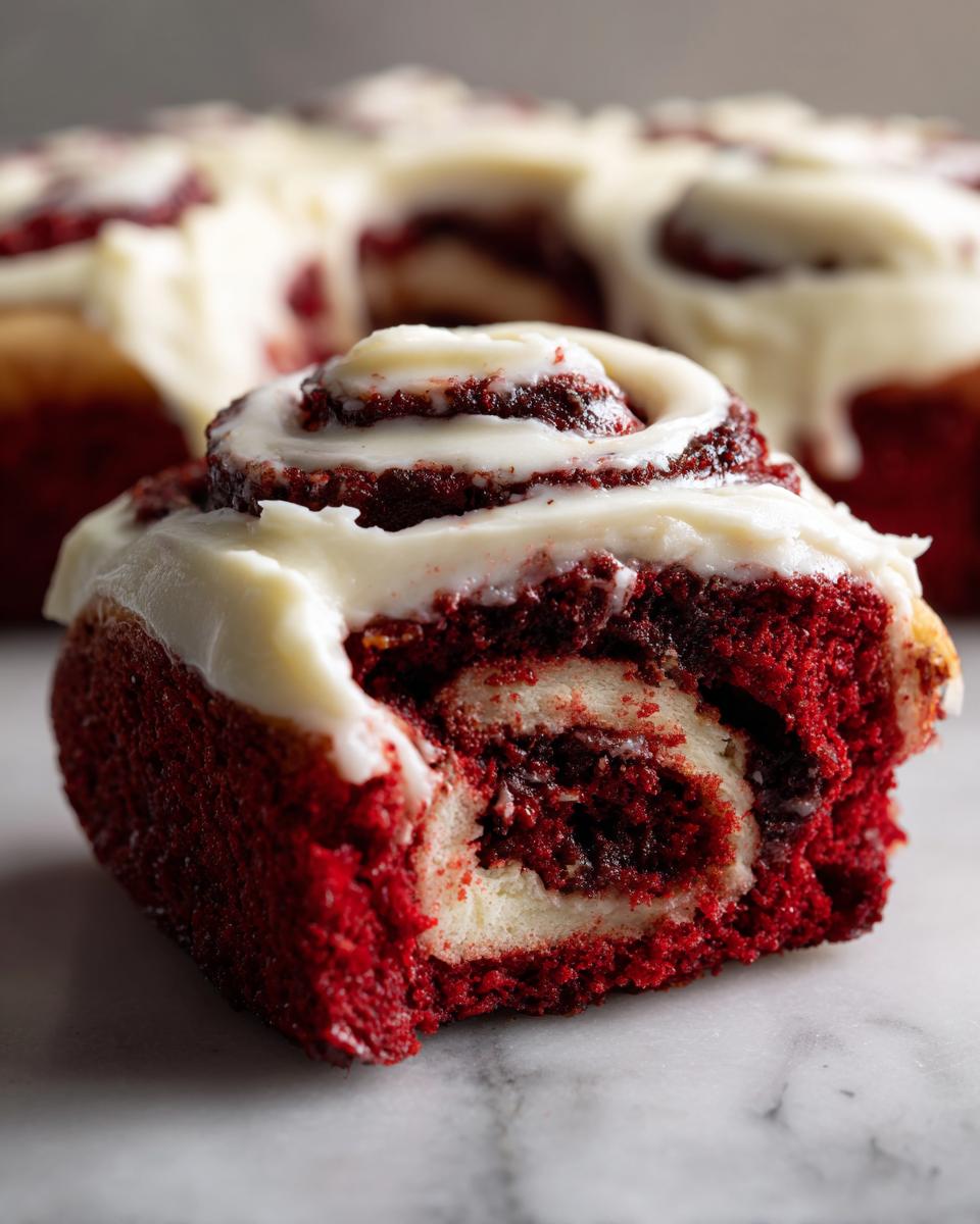A close-up view of a single, rich red velvet cinnamon roll cut in half, showing the swirl and thick cream cheese frosting.