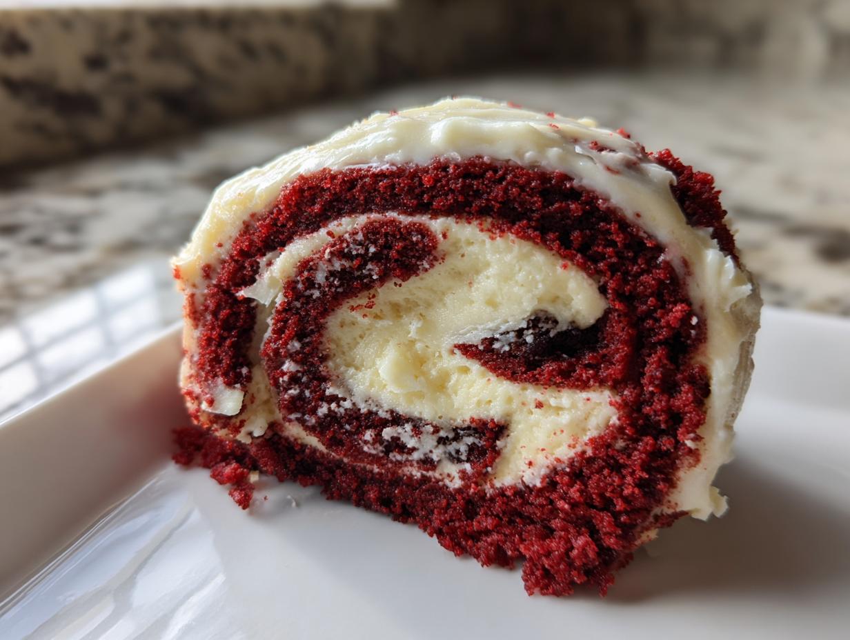 Close-up of a slice of red velvet cinnamon rolls showing the vibrant red swirl and thick cream cheese filling.