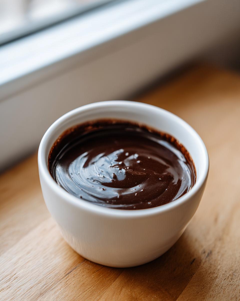 Close-up of smooth, rich chocolate fondue in a small white bowl sitting on a wooden surface.