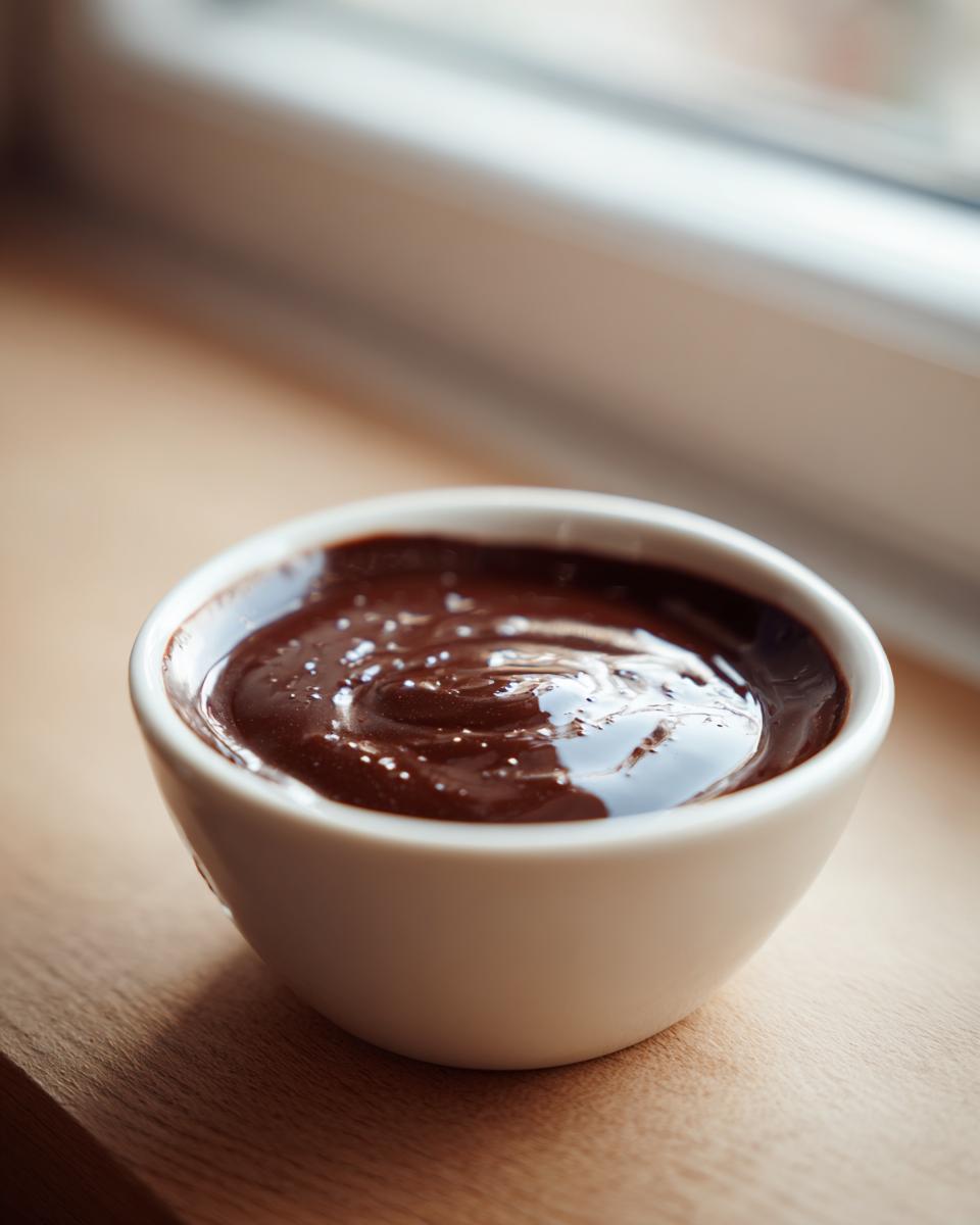 Close-up of smooth, melted chocolate fondue swirling in a small white dipping bowl.
