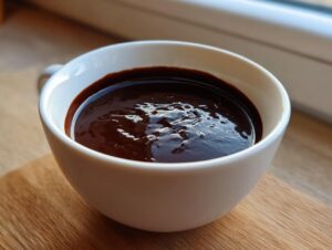 Close-up of rich, glossy chocolate fondue served in a small white mug on a wooden surface.