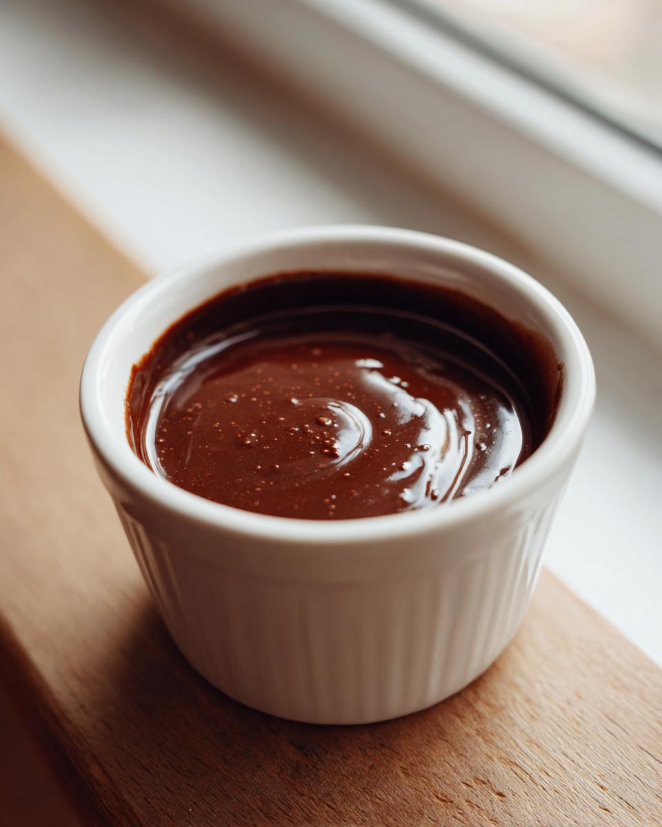 Close-up of smooth, rich chocolate fondue in a small white ramekin, ready for dipping.