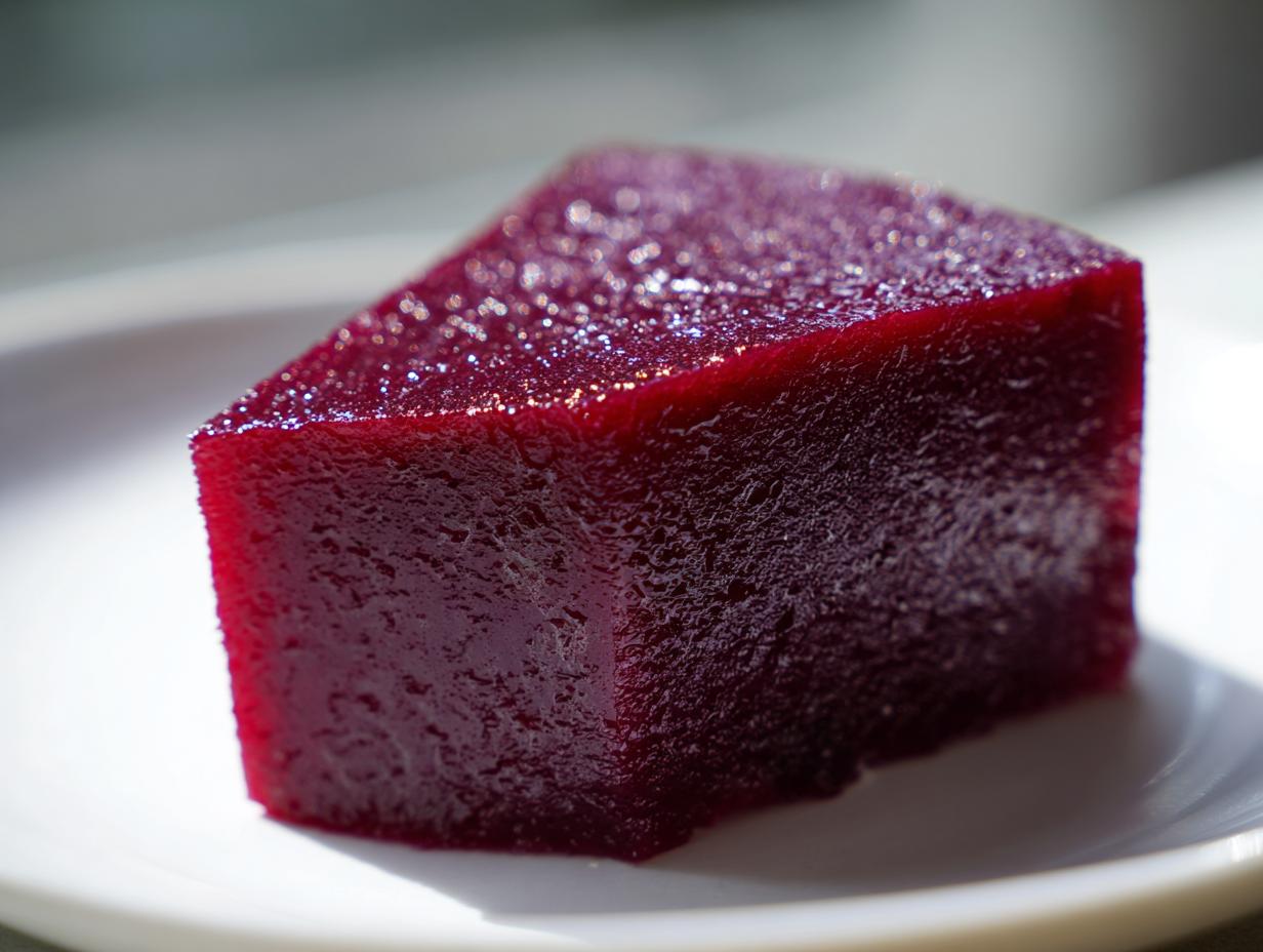 A close-up, glistening slice of deep red Yokan dessert resting on a white plate.