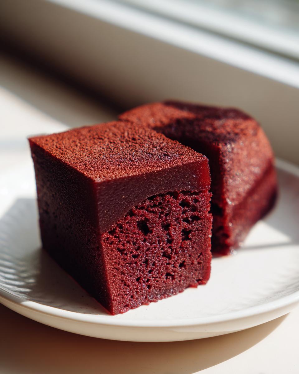 Close-up of two rich, deep red slices of Yokan dessert, dusted with powder, sitting on a white plate near a window.