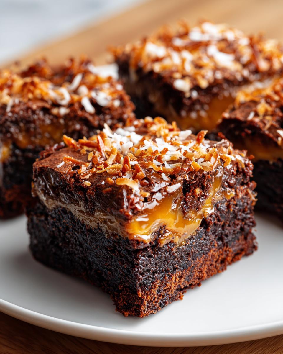 A close-up of a rich, dark chocolate square of samoa brownies topped with gooey caramel and toasted coconut flakes.