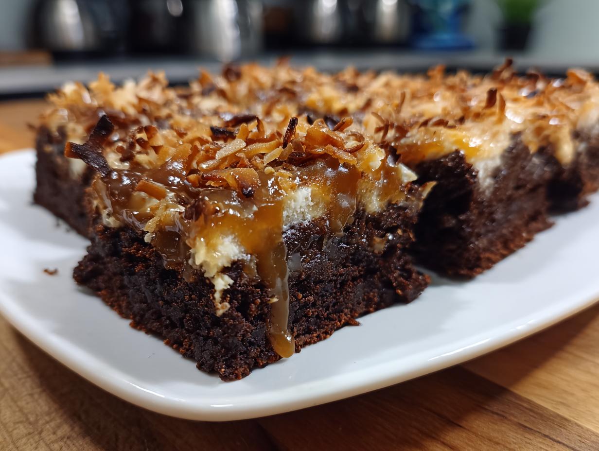 A rich, fudgy slice of Samoa brownies topped with white filling, caramel sauce, and toasted coconut.