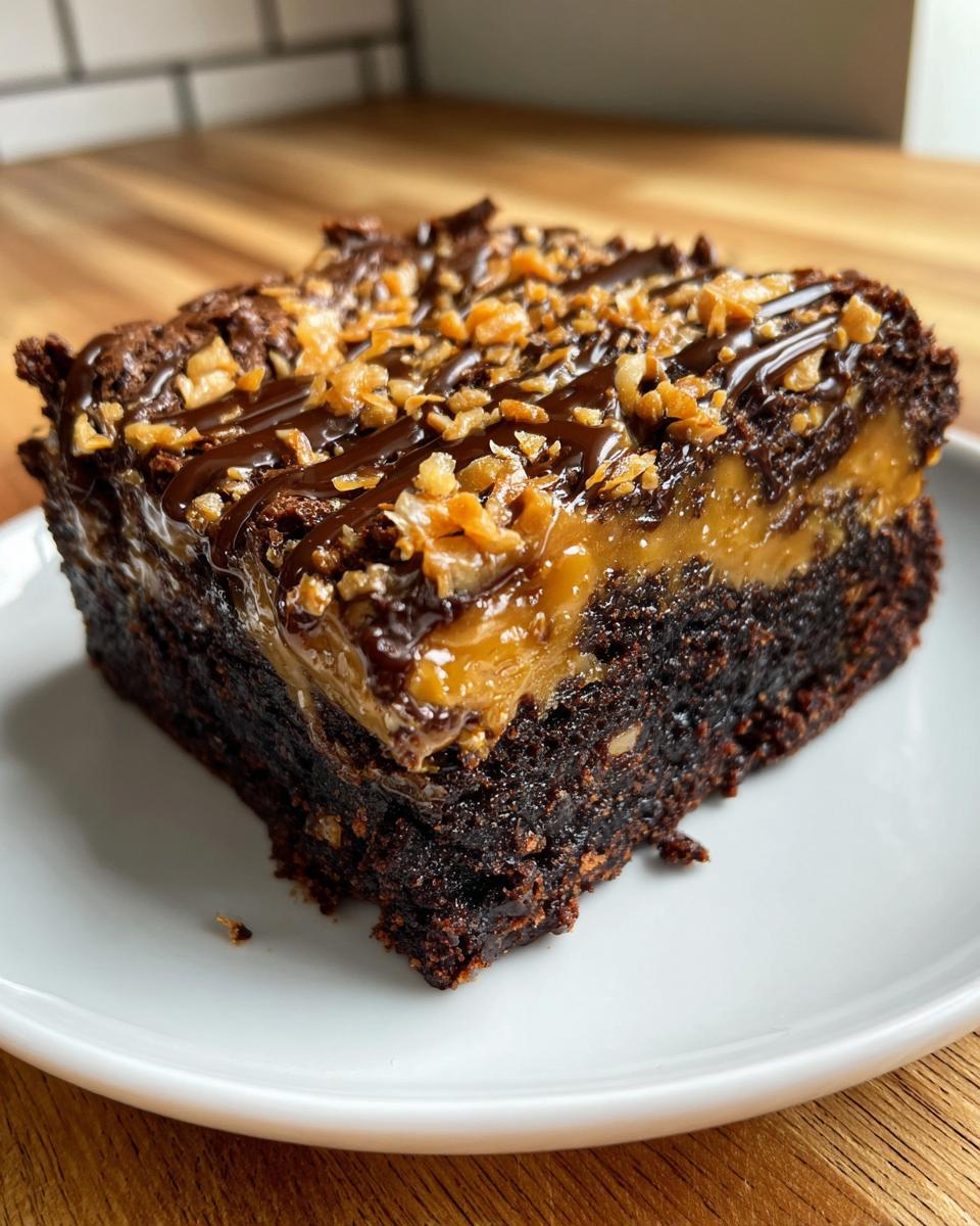 A decadent slice of 3-layer Samoa brownies featuring a fudgy base, caramel layer, and chocolate drizzle with toasted coconut.