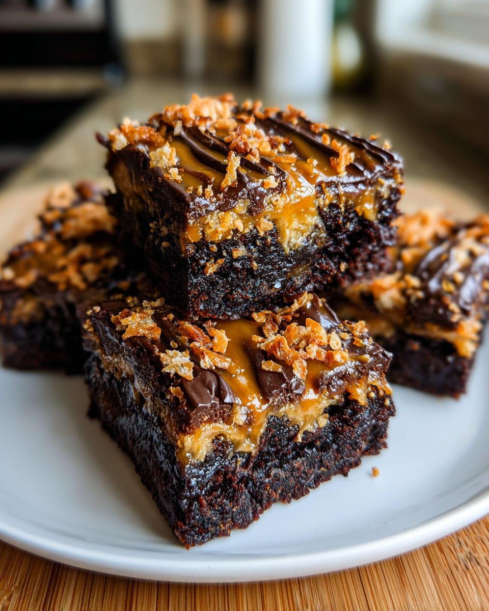 Stack of rich, fudgy Samoa brownies featuring a thick caramel layer and toasted coconut topping.