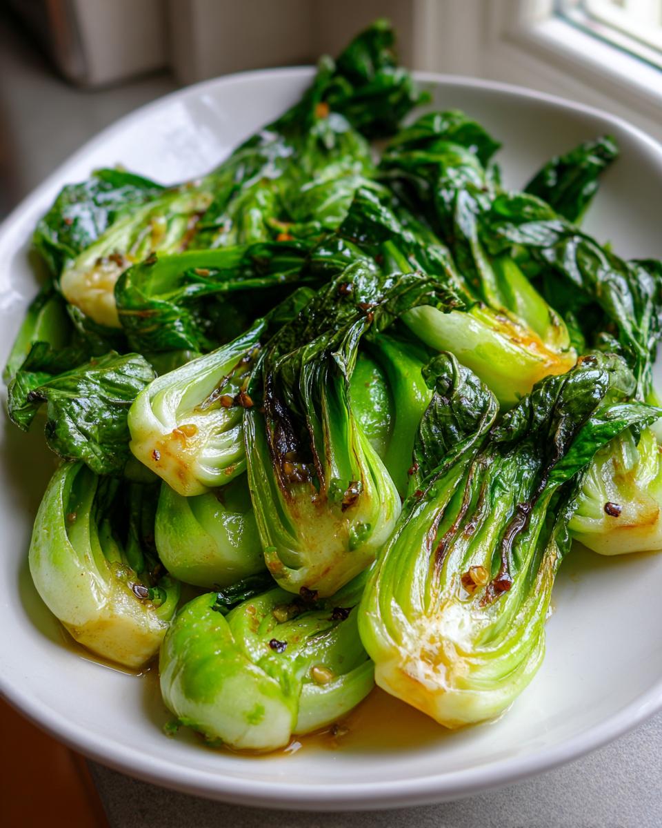 Close-up of bright green Sautéed Bok Choy halves glistening with sauce in a white serving bowl.