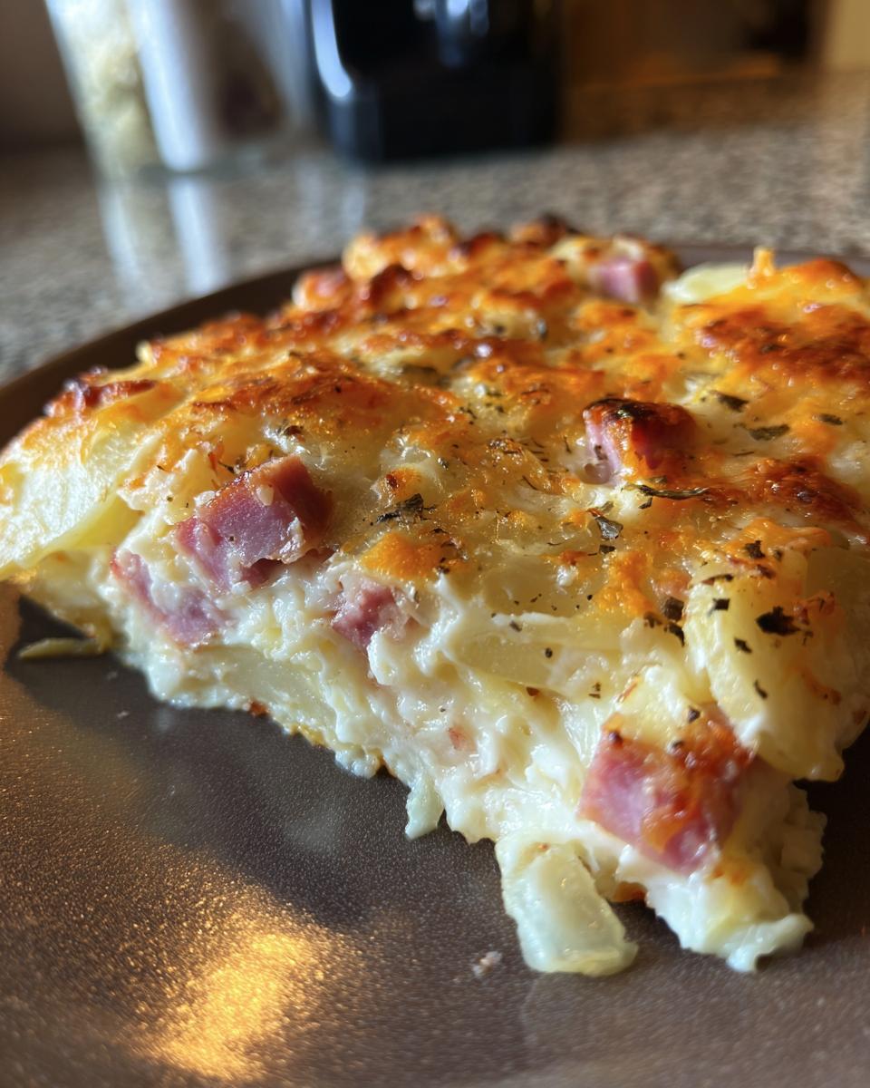 Close-up of a rich slice of Scalloped Potatoes and Ham showing layers of creamy potatoes, chunks of ham, and a golden, cheesy crust.