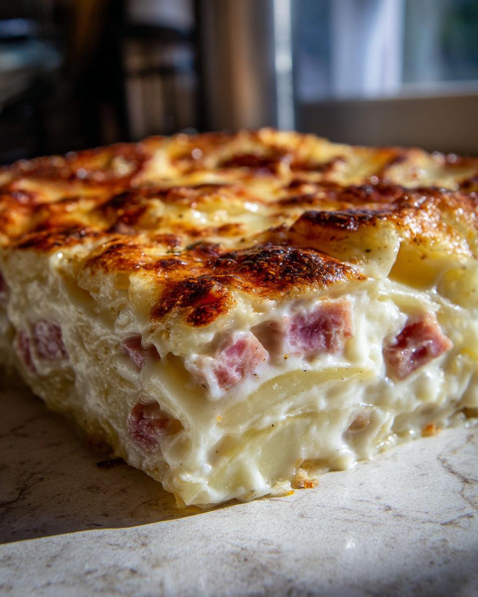 A close-up, cross-section view of a rich, cheesy slice of Scalloped Potatoes and Ham with a beautifully browned top crust.