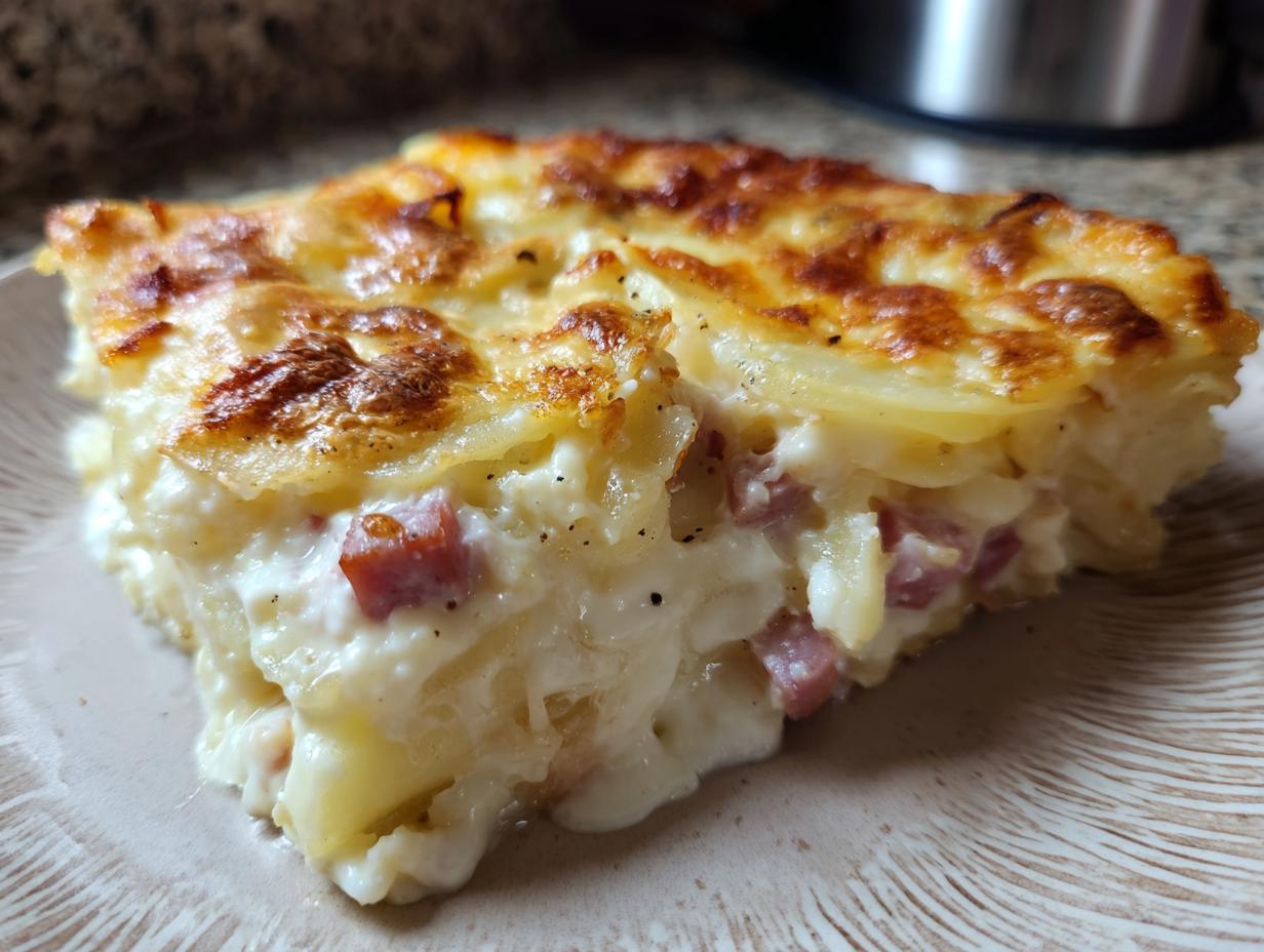 A close-up slice of creamy, cheesy Scalloped Potatoes and Ham with a golden-brown top.