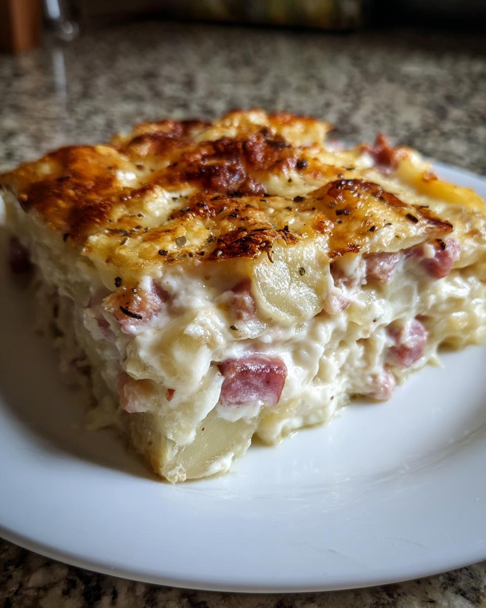 A thick slice of creamy Scalloped Potatoes and Ham with a golden-brown, cheesy top.