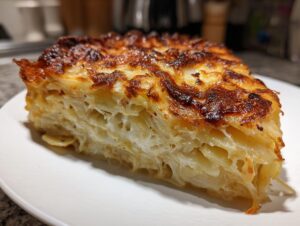 A thick slice of creamy scalloped potatoes showing layered potatoes and a deeply browned, crispy cheese topping.
