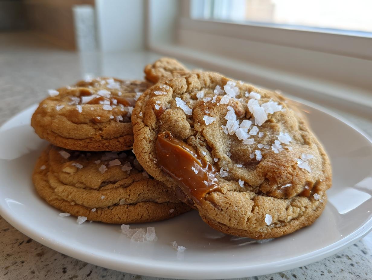 Three freshly baked sea salt caramel cookies stacked on a white plate, topped with flaky sea salt.